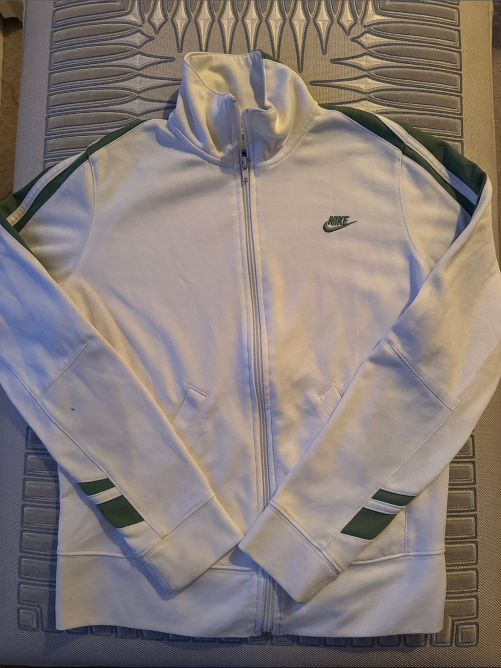 Nike White Track Jacket with Green Stripe Details